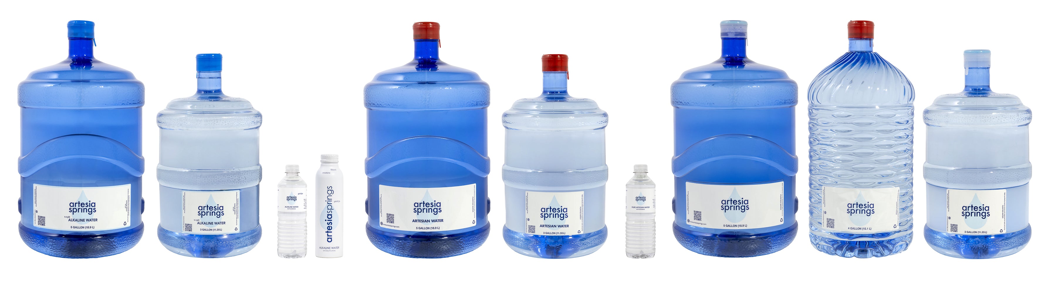 Set of water bottles and containers with labels on a white background