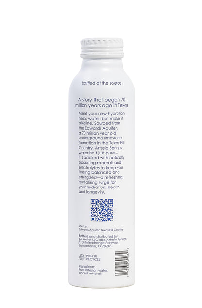 Back view of a white water bottle with text and a QR code on a white background