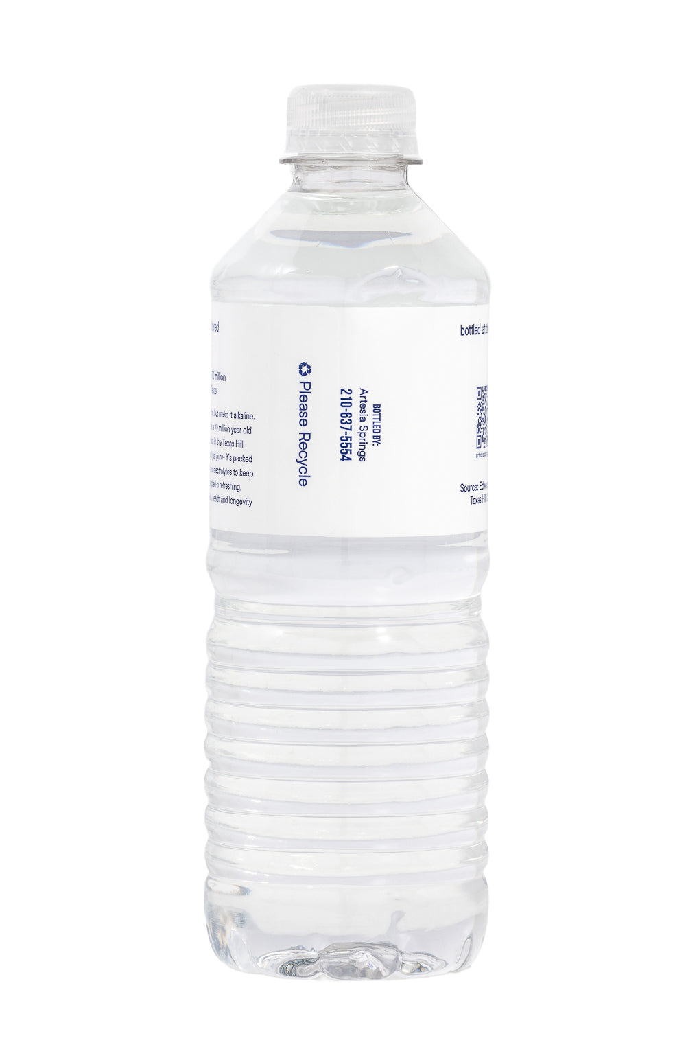 Clear water bottle with a white cap on a white background