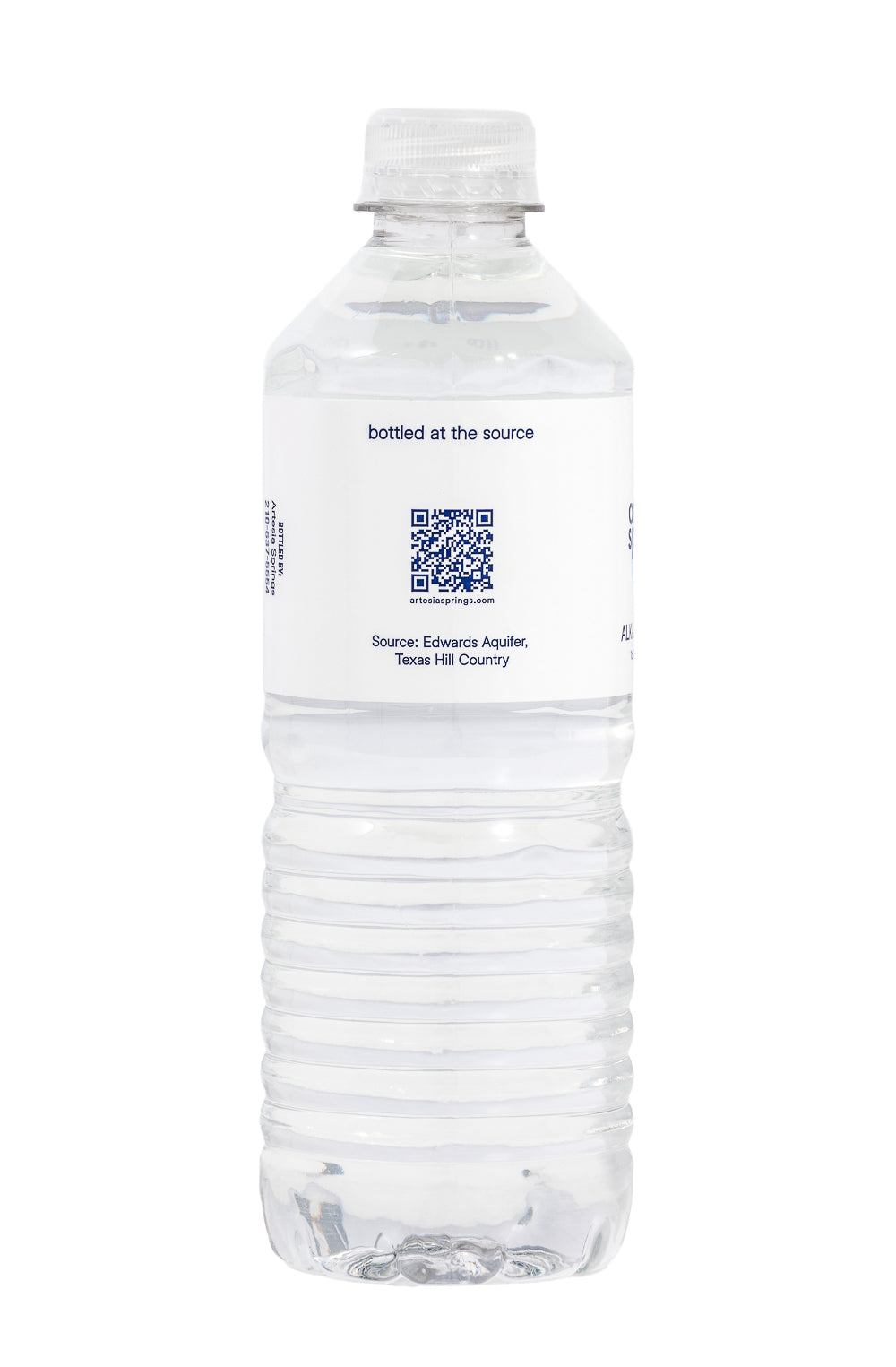 Water bottle with a label featuring a QR code on a white background