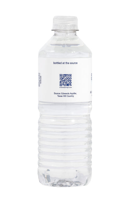 Water bottle with a label featuring a QR code on a white background