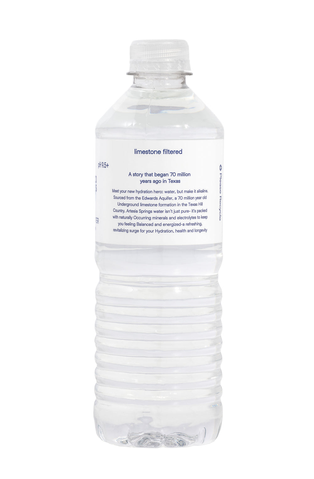Clear water bottle with a white label on a white background