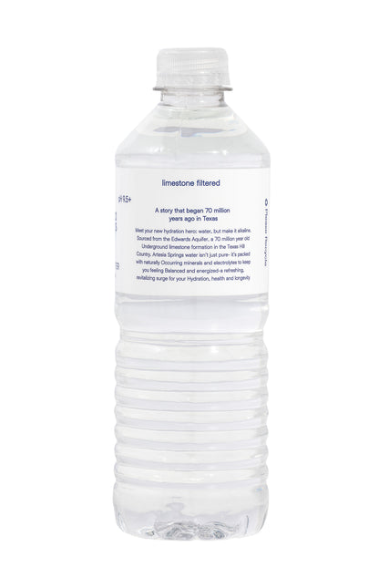 Clear water bottle with a white label on a white background