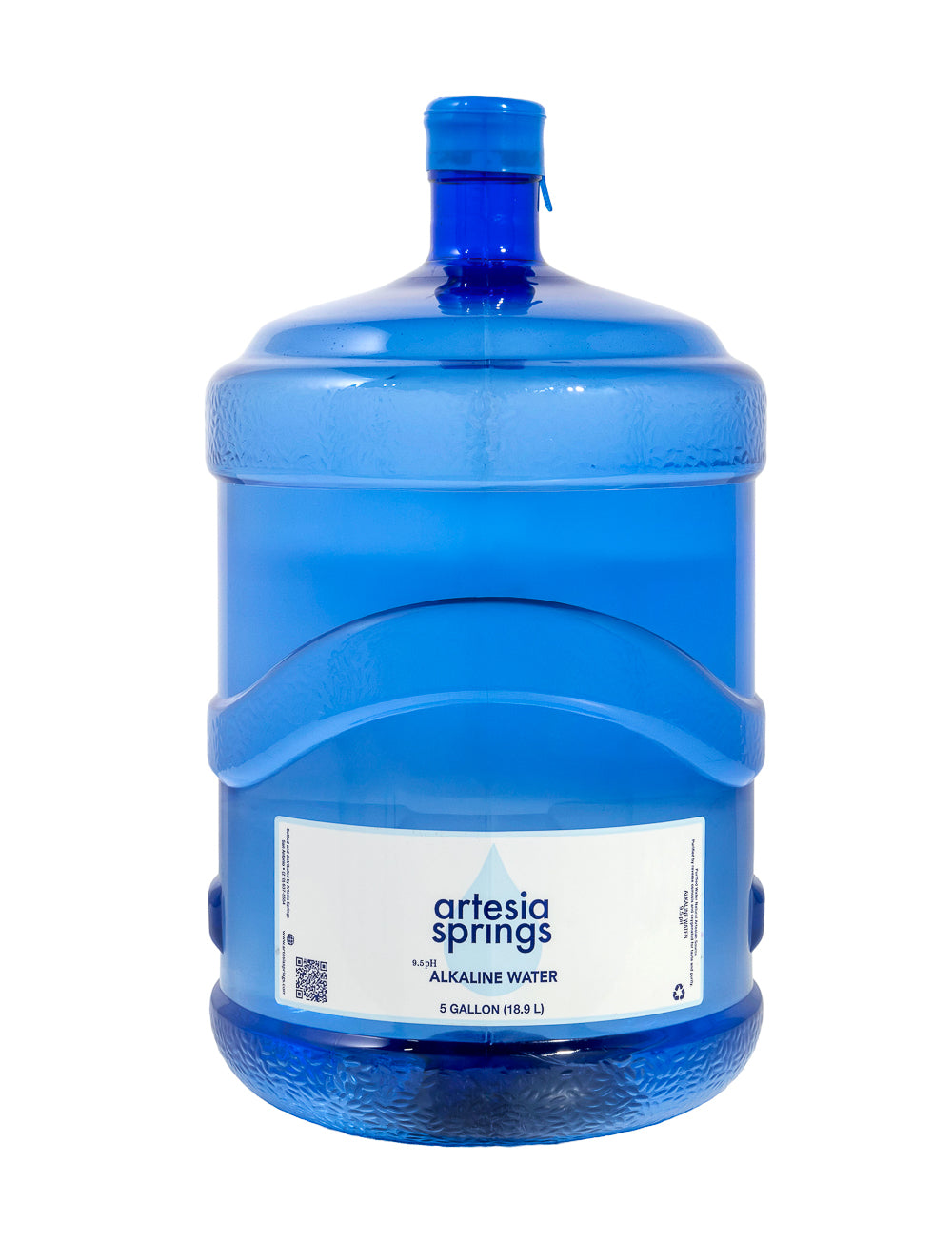 Blue water container with 'artesian springs' label on a white background