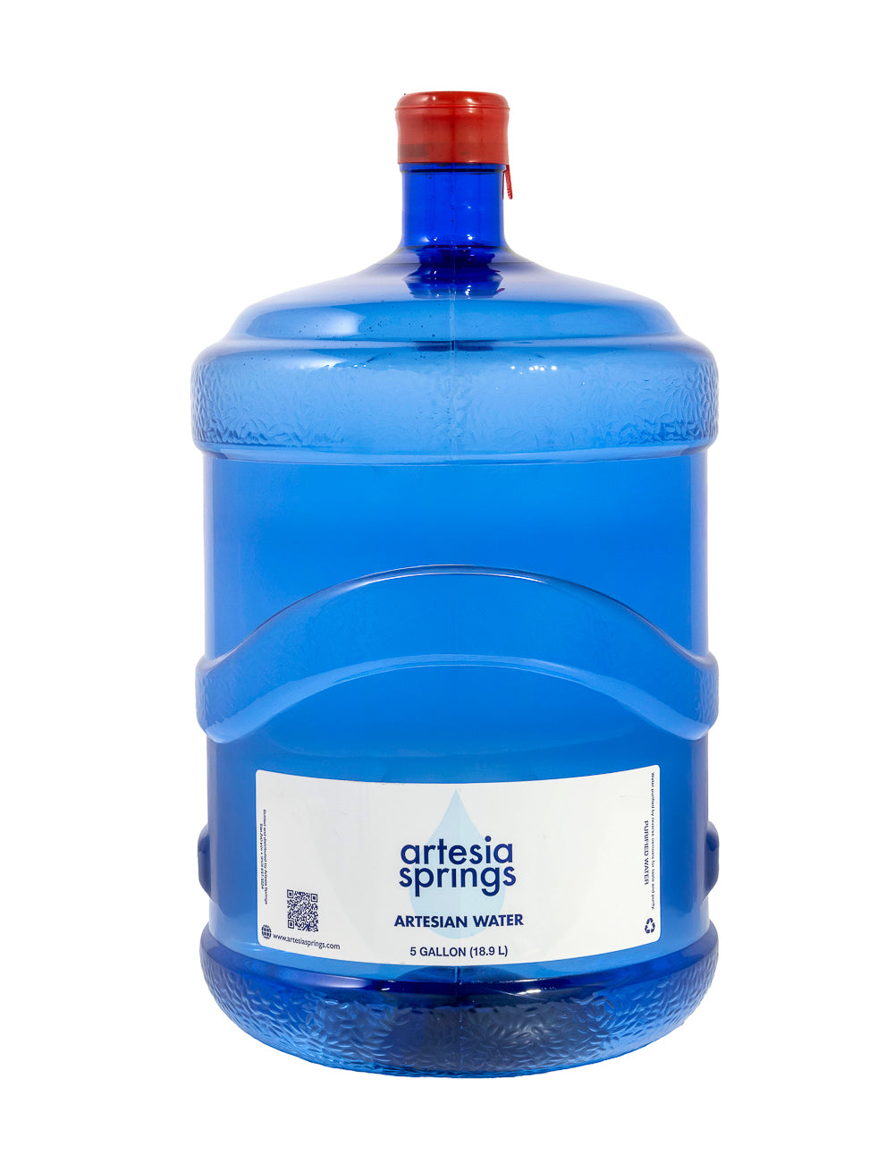 Blue water bottle with red cap labeled 'artesian springs' on a white background