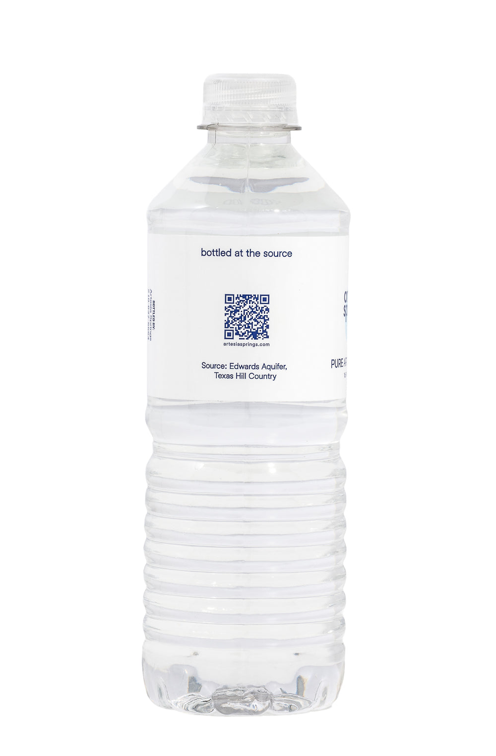Clear water bottle with a label on a white background