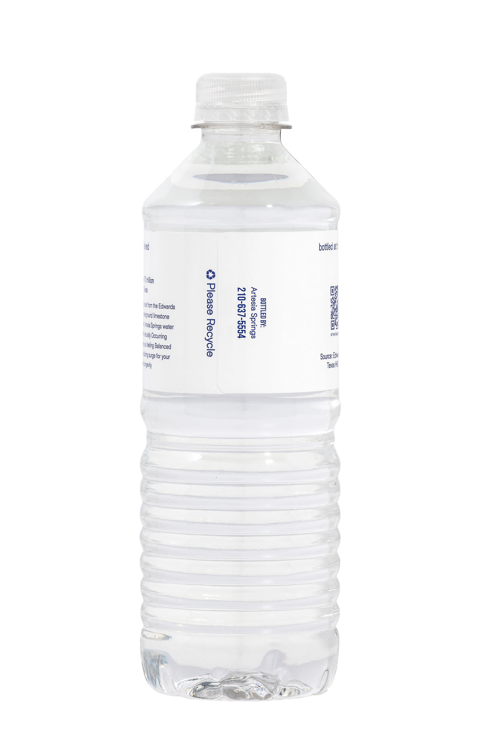 Clear water bottle with a white label on a white background