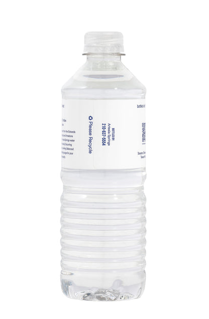 Clear water bottle with a white label on a white background
