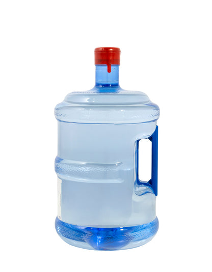 Large water bottle with a red cap on a white background