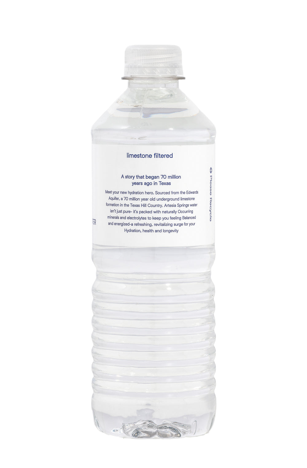 Clear water bottle with white cap on a white background