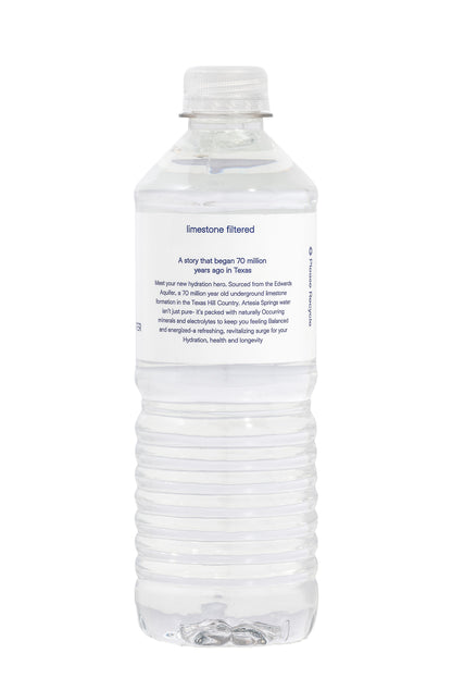 Clear water bottle with white cap on a white background