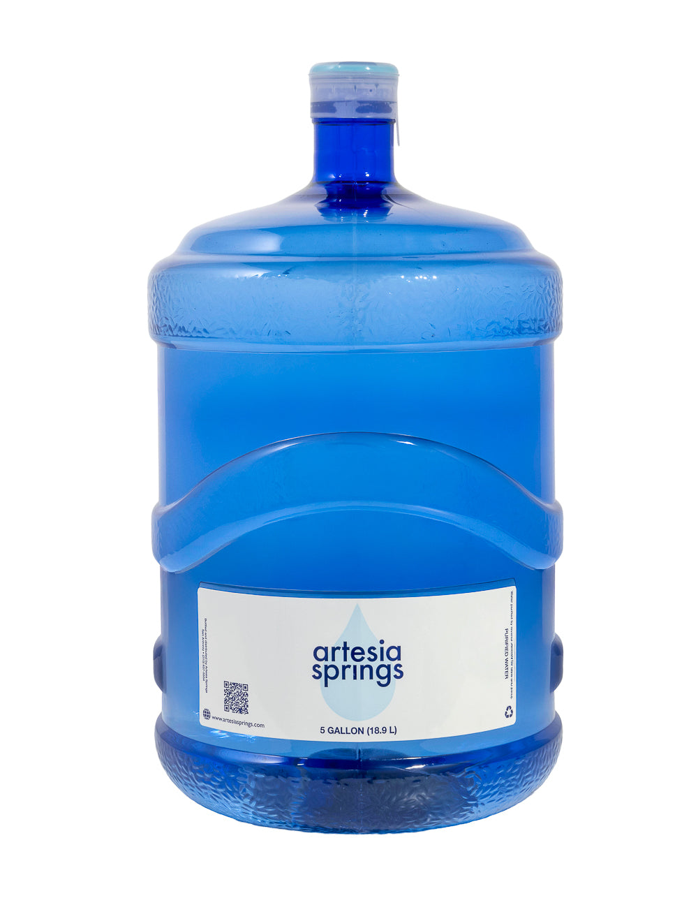 Blue water jug with Artesia Springs label on a white background