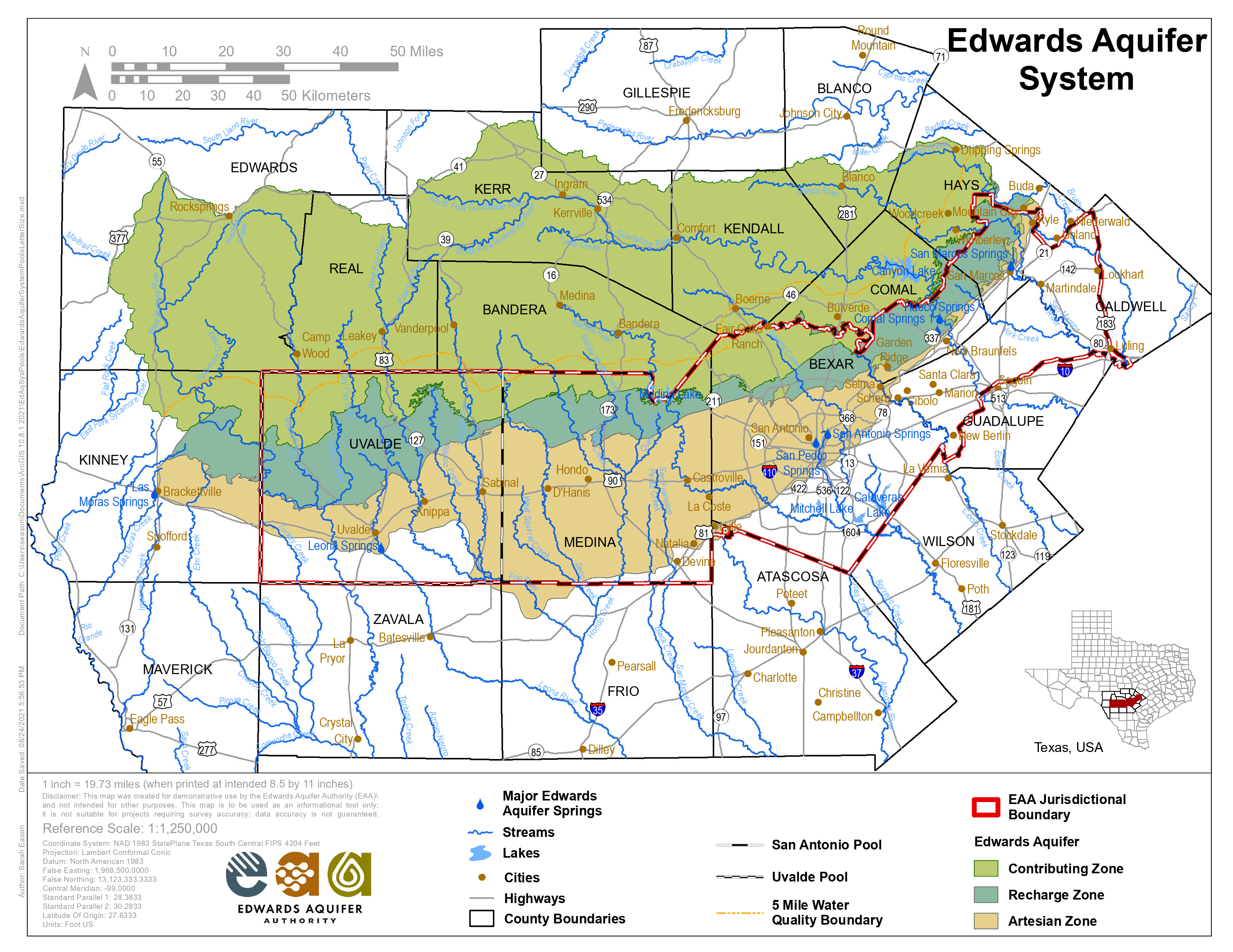 Map of the Edwards Aquifer System in Texas with various labeled zones and boundaries.